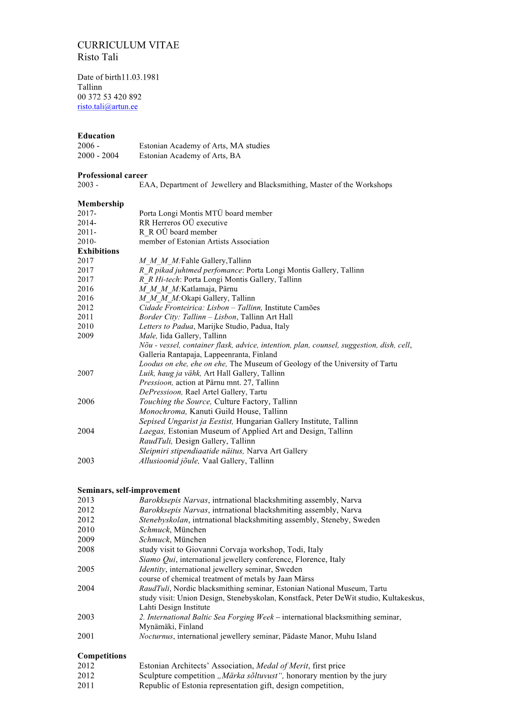 CURRICULUM VITAE Risto Tali