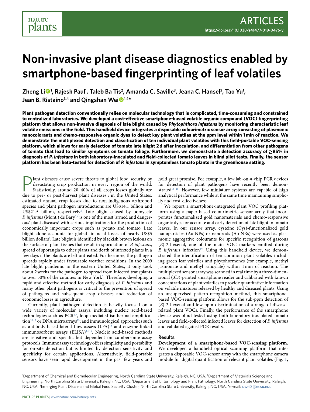 Non-Invasive Plant Disease Diagnostics Enabled by Smartphone-Based Fingerprinting of Leaf Volatiles