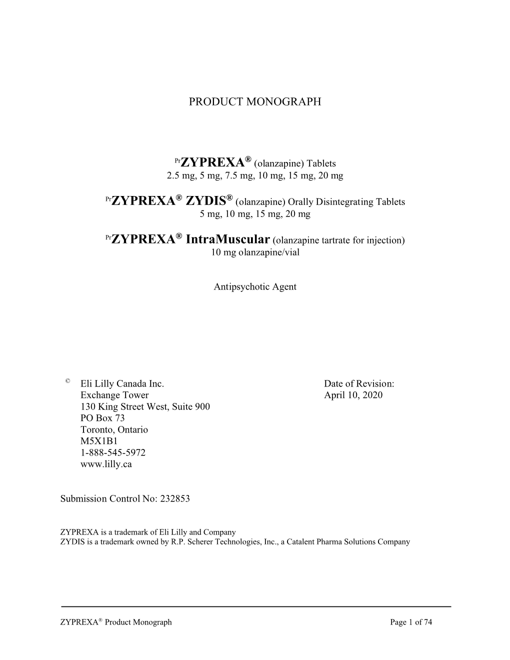 ZYPREXA® Product Monograph Page 1 of 74 Table of Contents