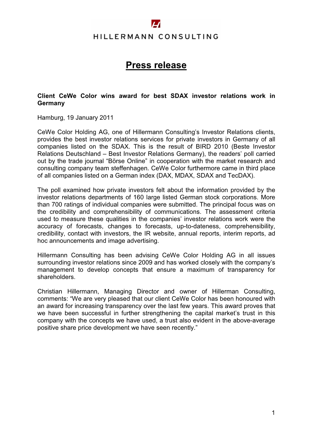 Press Release Hillermann Consulting 19.01.2011