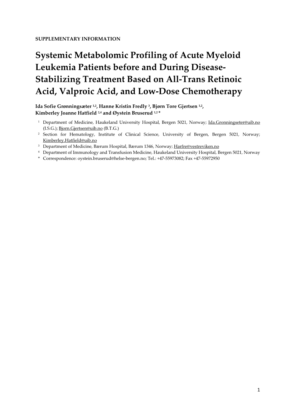 Systemic Metabolomic Profiling of Acute Myeloid Leukemia