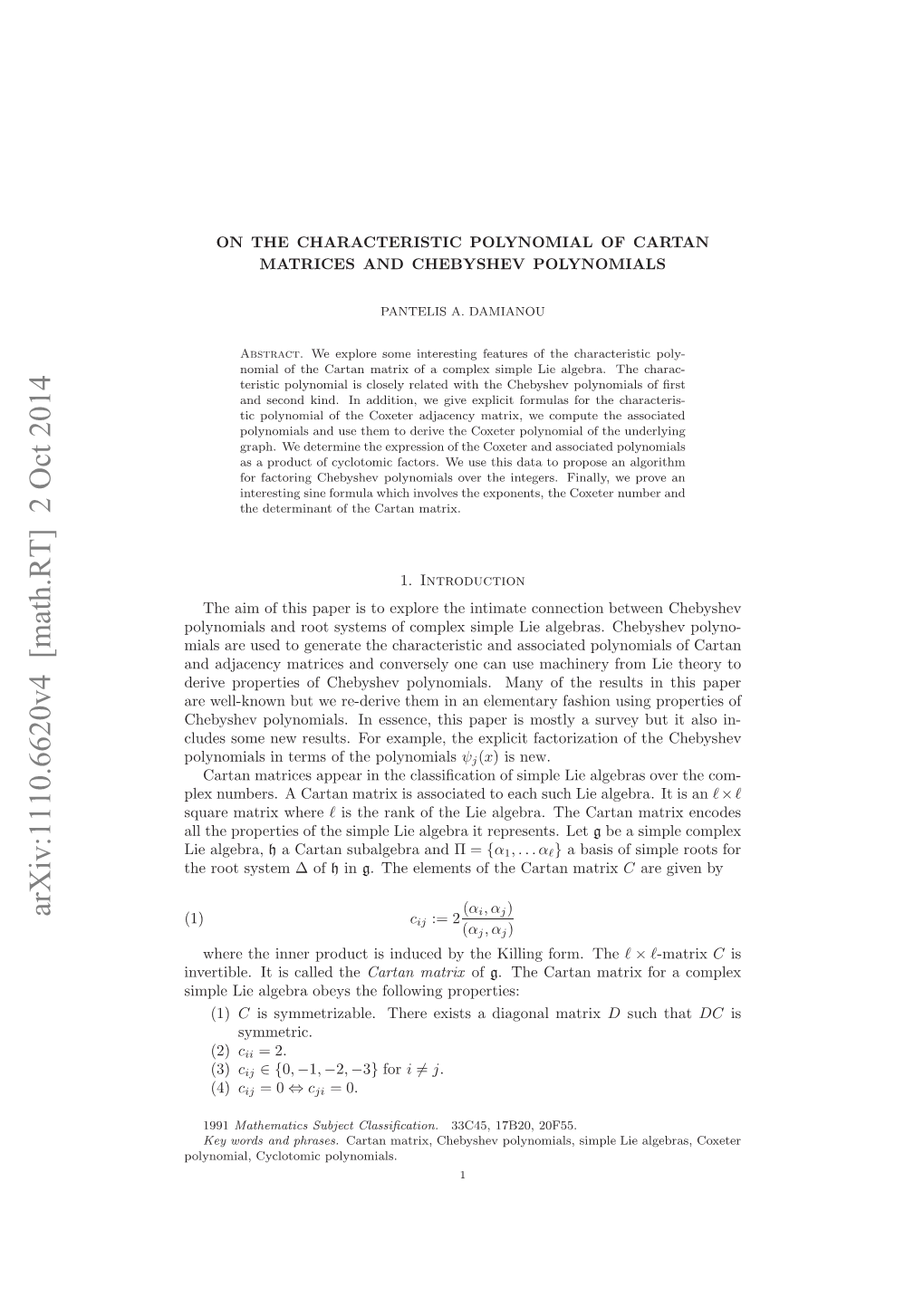 On the Characteristic Polynomial of Cartan Matrices and Chebyshev Polynomials