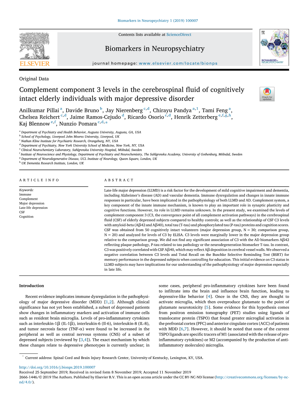 Complement Component 3 Levels in the Cerebrospinal Fluid of Cognitively