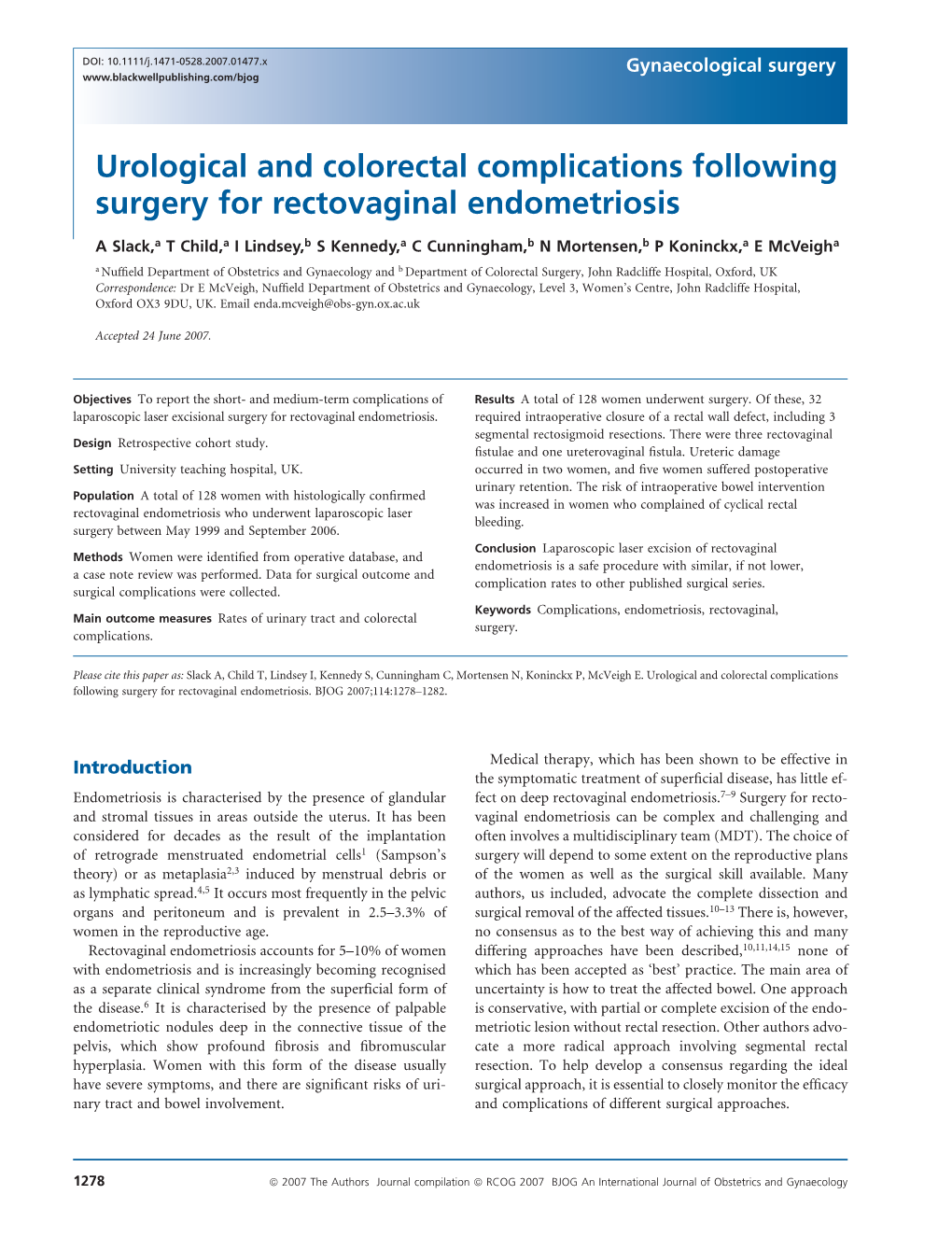 Urological and Colorectal Complications Following Surgery for Rectovaginal Endometriosis