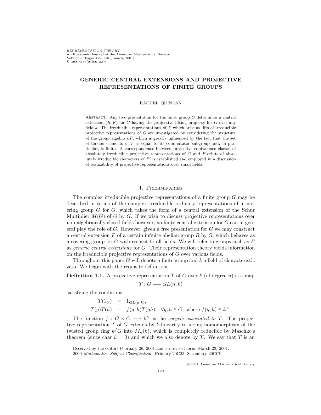 Generic Central Extensions and Projective Representations of Finite Groups