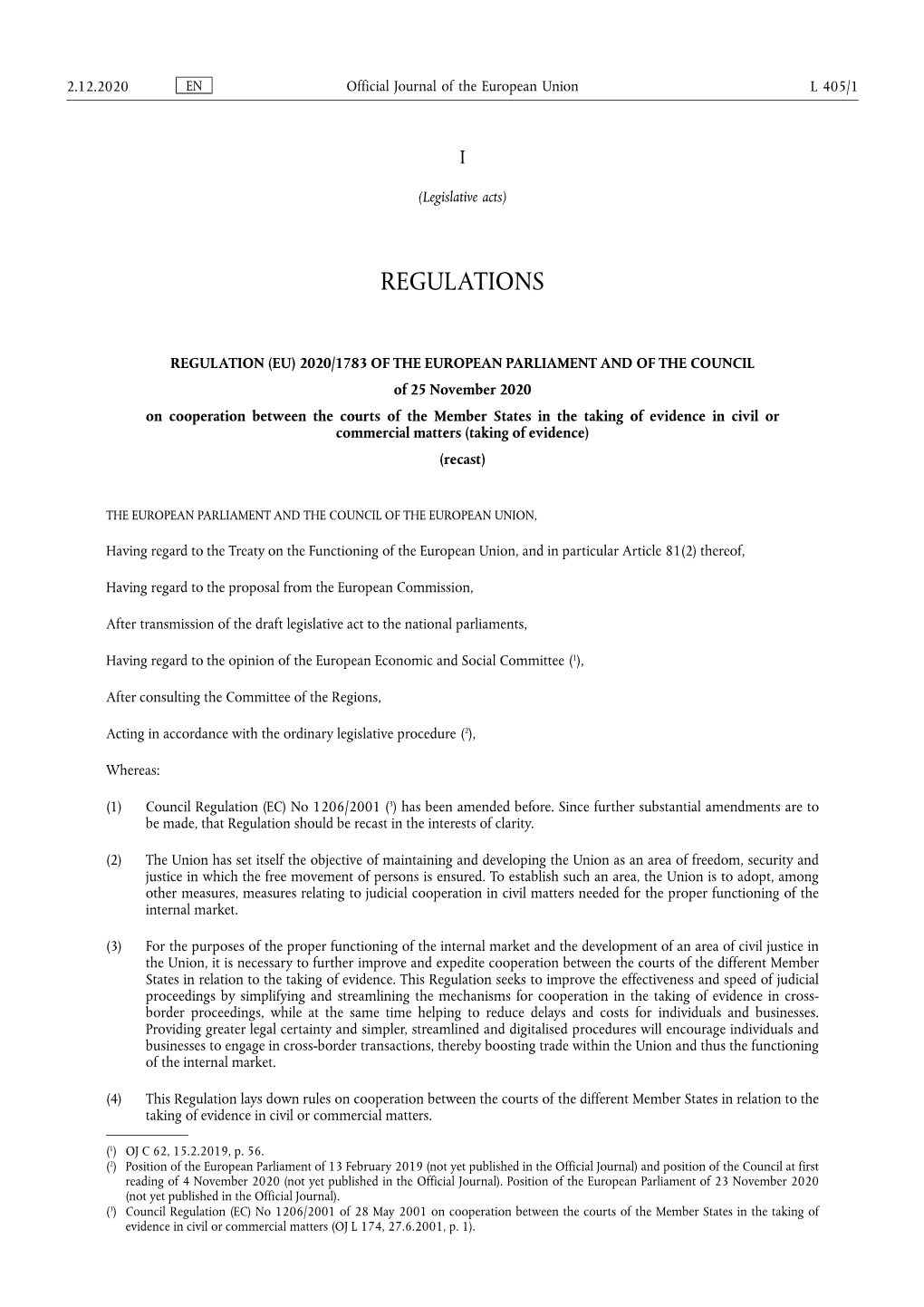 Regulation (EU) 2020/1783 of the European Parliament