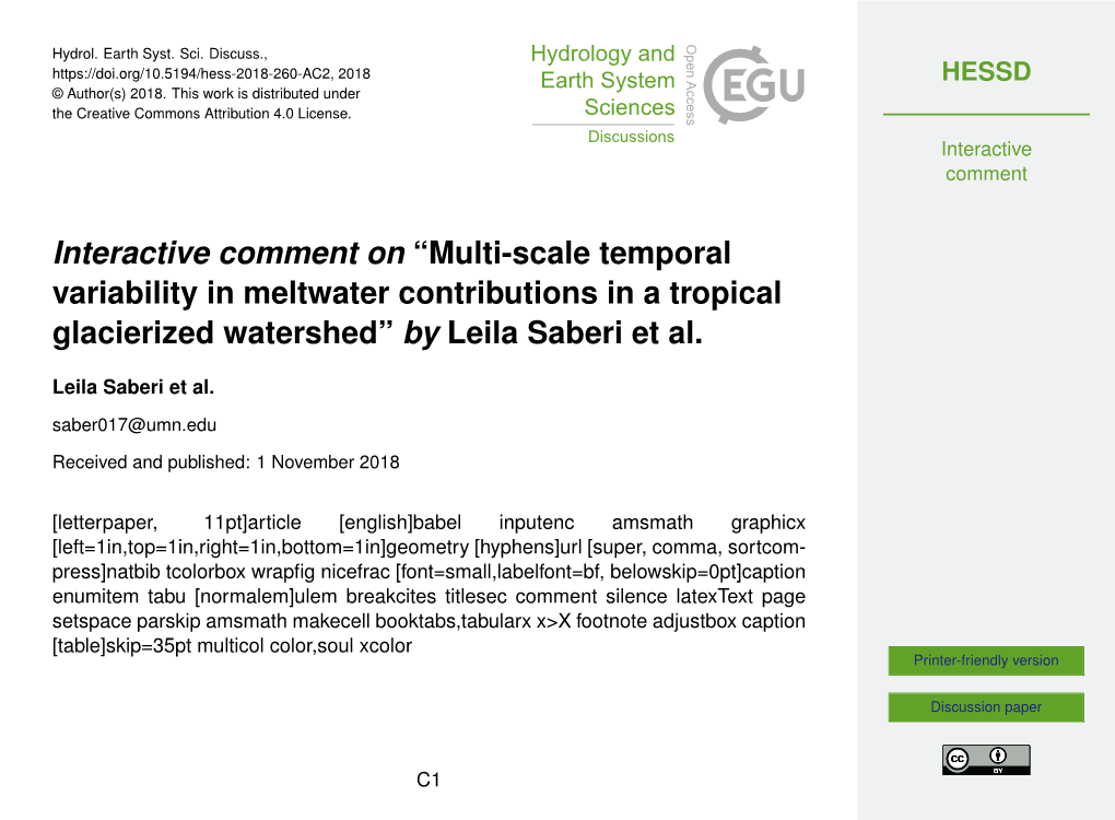 Multi-Scale Temporal Variability in Meltwater Contributions in a Tropical Glacierized Watershed” by Leila Saberi Et Al