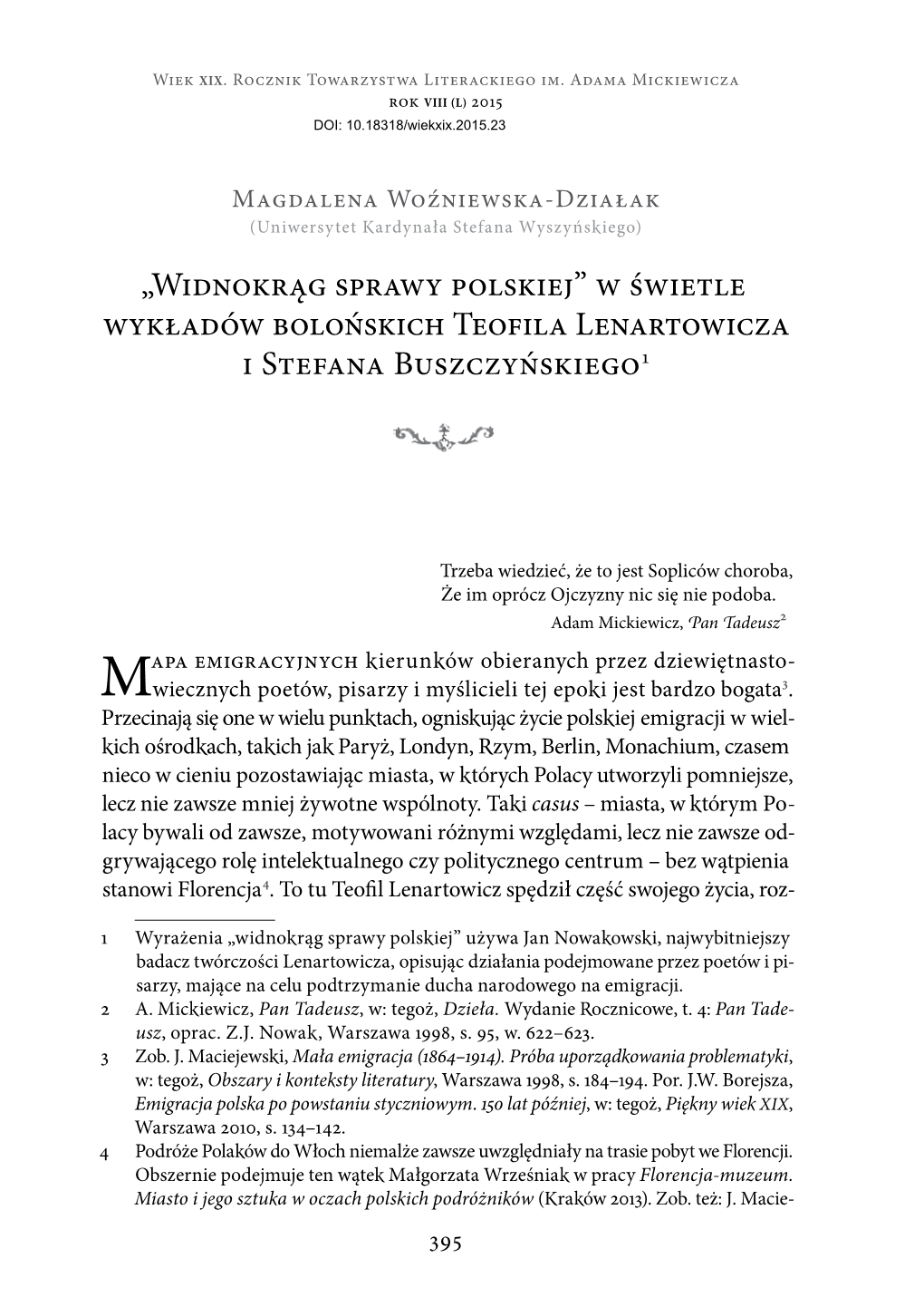 „Widnokrąg Sprawy Polskiej” W Świetle Wykładów Bolońskich Teofila Lenartowicza I Stefana Buszczyńskiego1