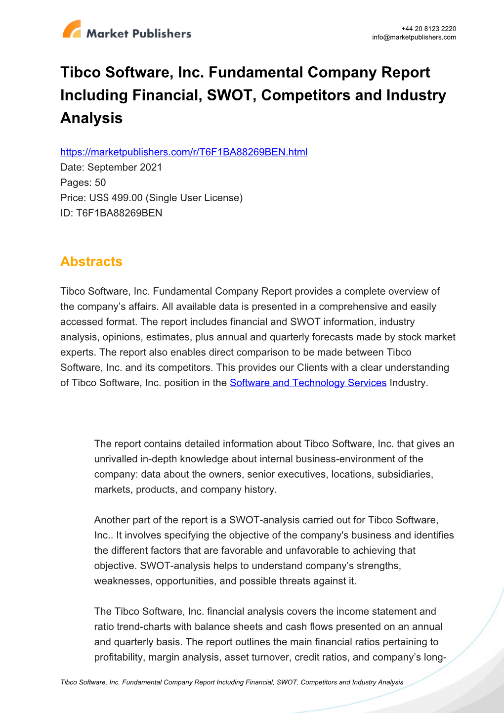 Tibco Software, Inc. Fundamental Company Report Including
