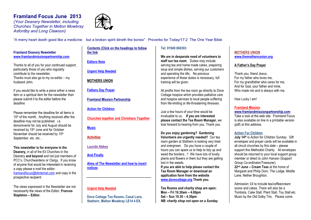 Framland Focus June 2013 (Your Deanery Newsletter, Including Churches Together in Melton Mowbray Asfordby and Long Clawson)