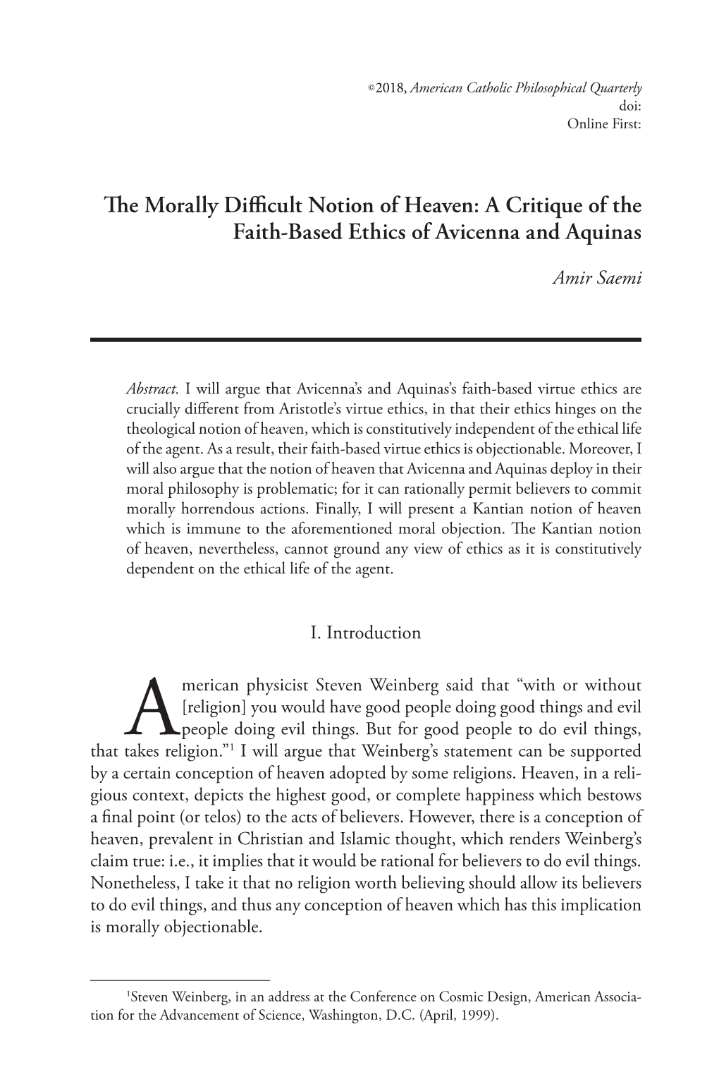 The Morally Difficult Notion of Heaven: a Critique of the Faith-Based Ethics of Avicenna and Aquinas