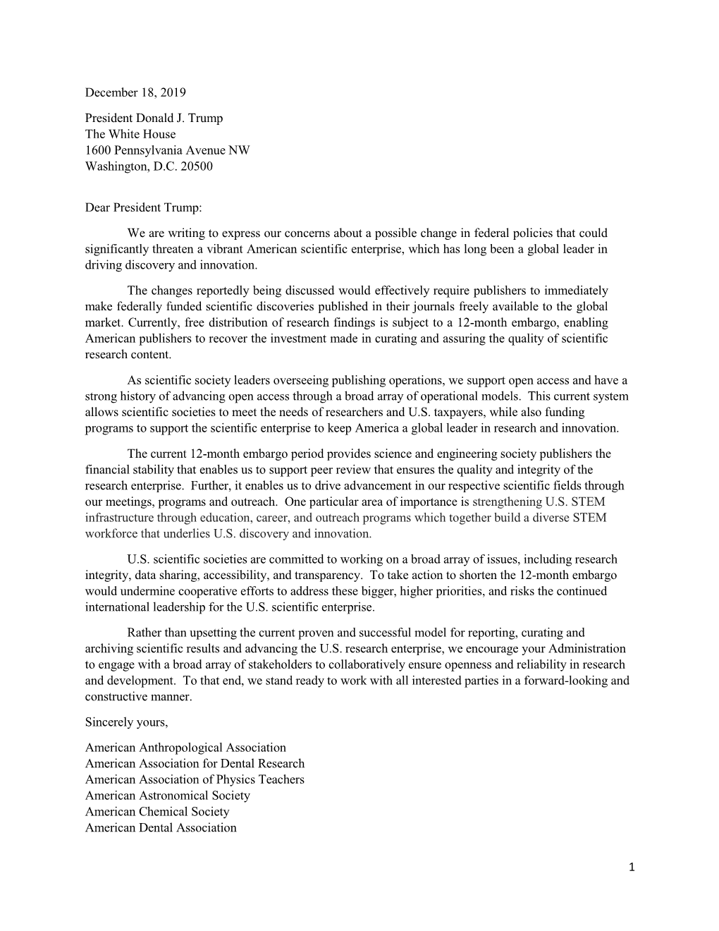 1 December 18, 2019 President Donald J. Trump the White House 1600 Pennsylvania Avenue NW Washington, D.C. 20500 Dear President