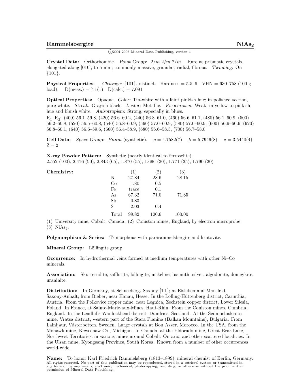 Rammelsbergite Nias2 C 2001-2005 Mineral Data Publishing, Version 1