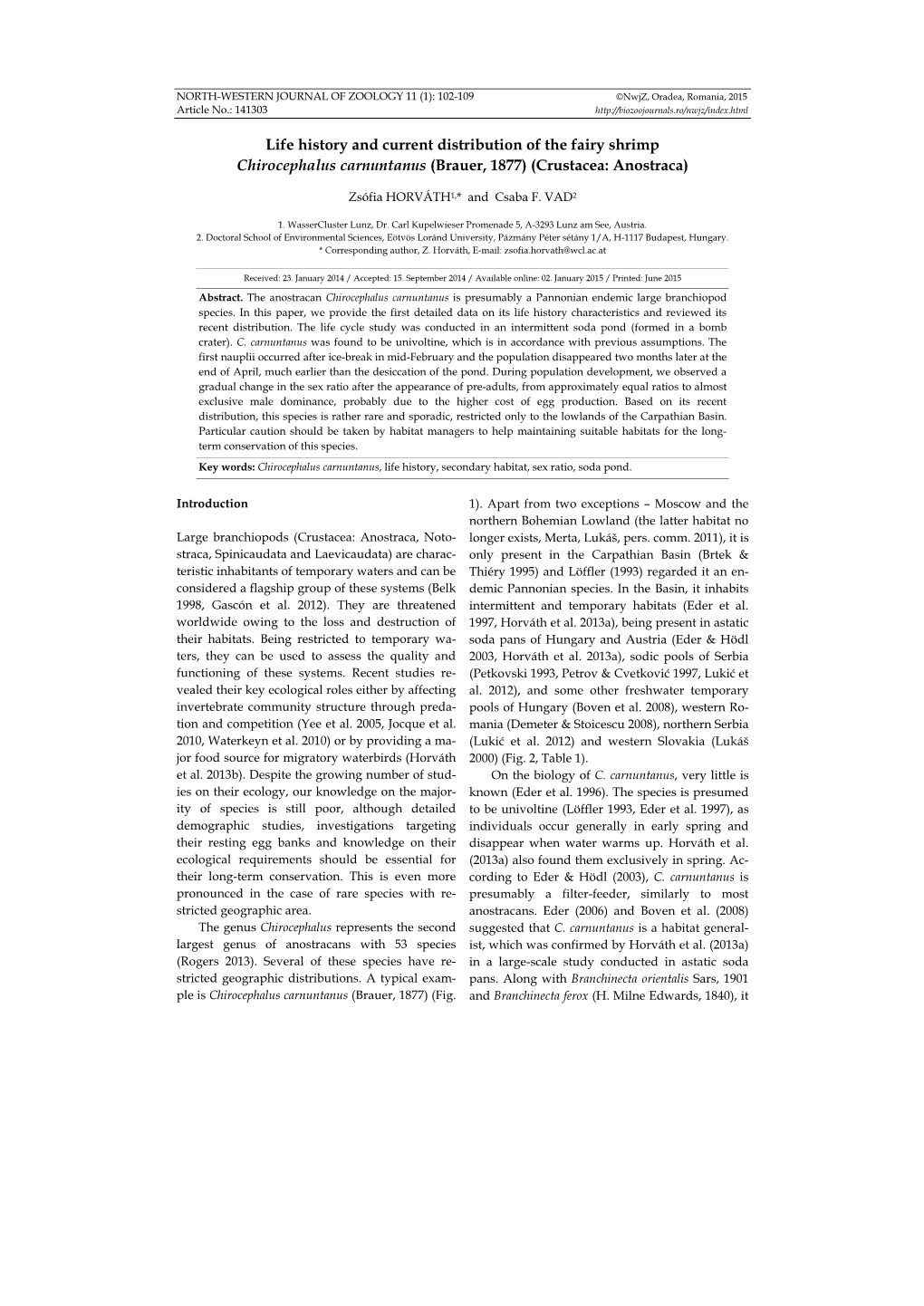 Life History and Current Distribution of the Fairy Shrimp Chirocephalus Carnuntanus (Brauer, 1877) (Crustacea: Anostraca)