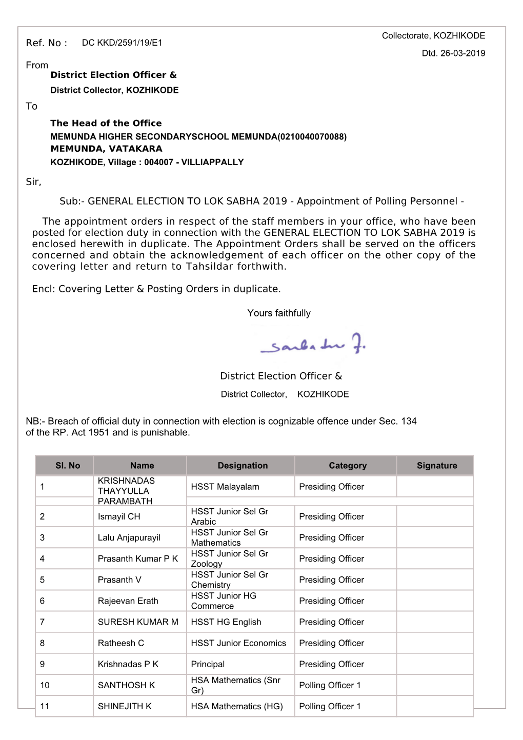 GENERAL ELECTION to LOK SABHA 2019 - Appointment of Polling Personnel