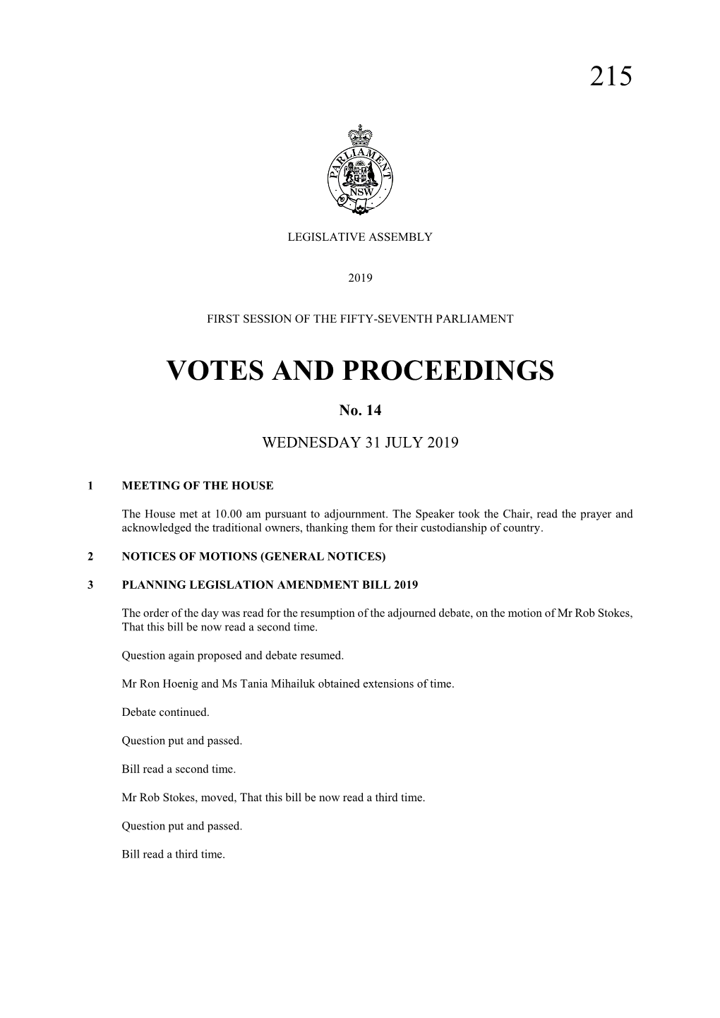 215 Votes and Proceedings