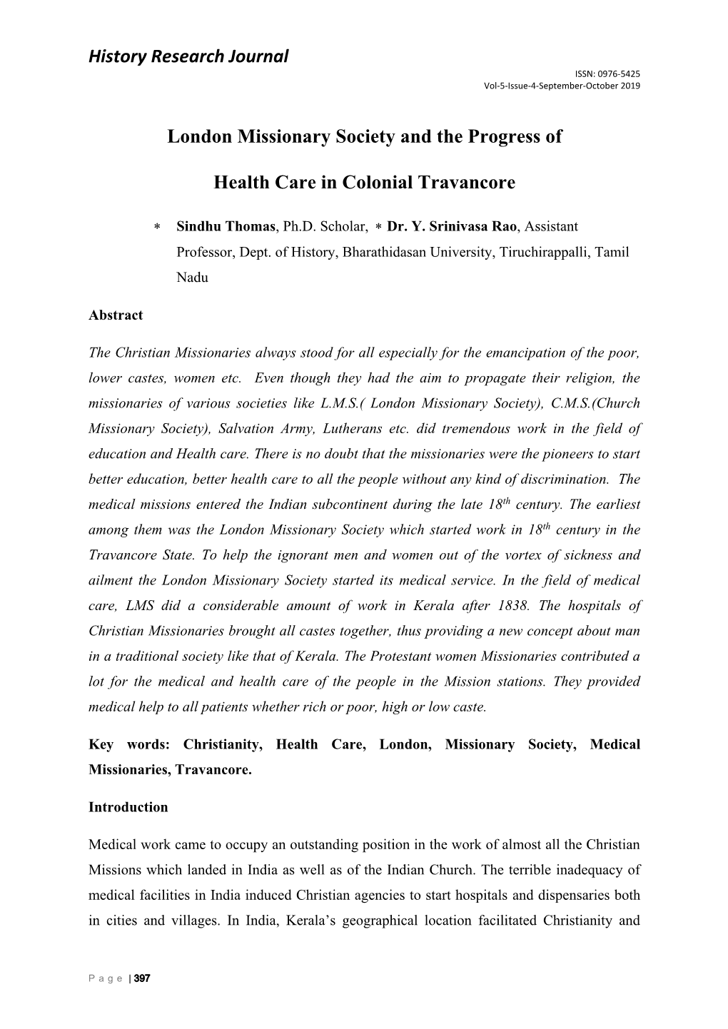 History Research Journal London Missionary Society and the Progress of Health Care in Colonial Travancore