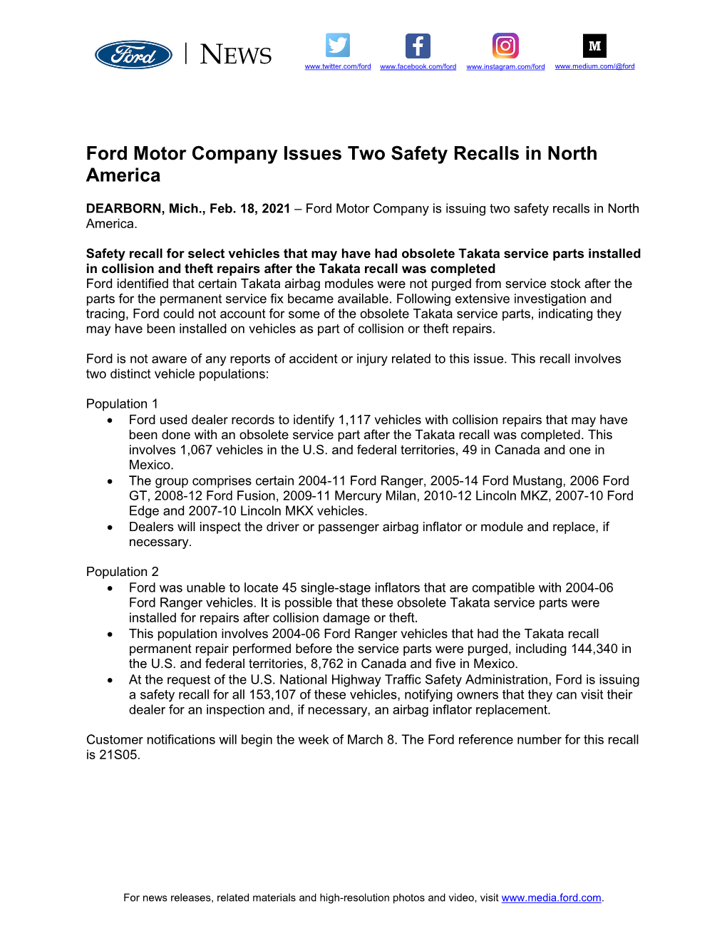 Ford Motor Company Issues Two Safety Recalls in North America