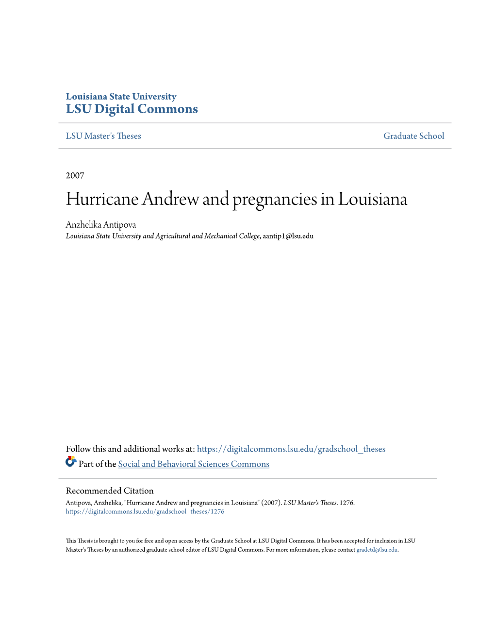 Hurricane Andrew and Pregnancies in Louisiana Anzhelika Antipova Louisiana State University and Agricultural and Mechanical College, Aantip1@Lsu.Edu