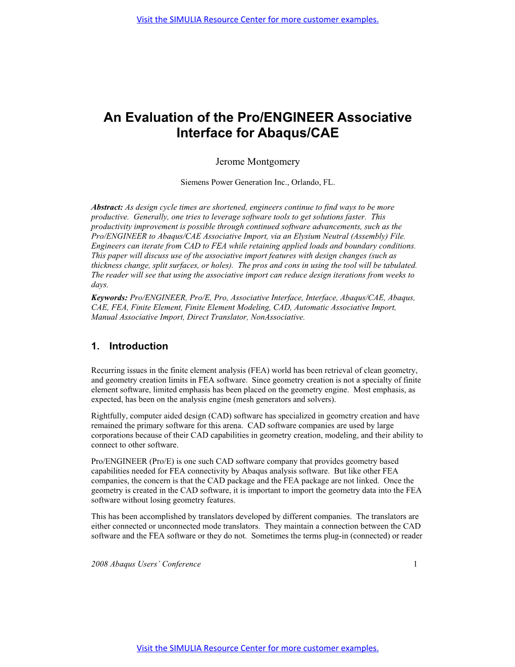 An Evaluation of the Pro/ENGINEER Associative Interface for Abaqus/CAE