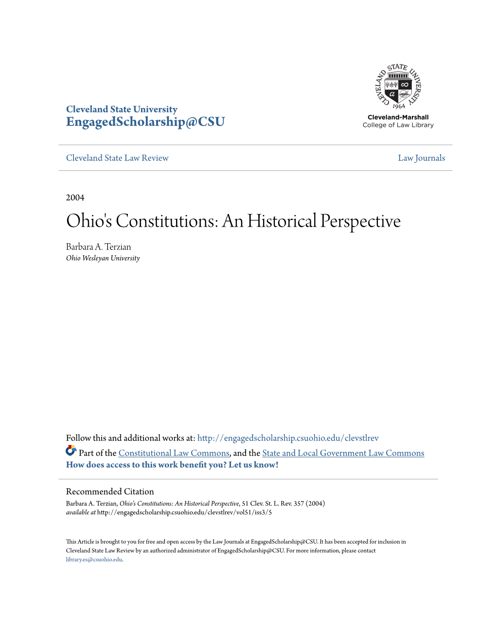 Ohio's Constitutions: an Historical Perspective Barbara A