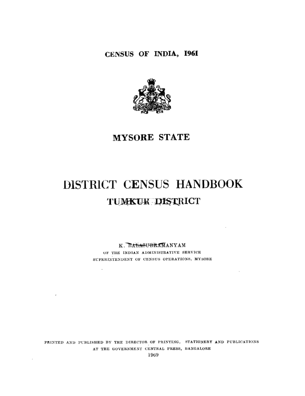 District Census Handbook, Tumkur