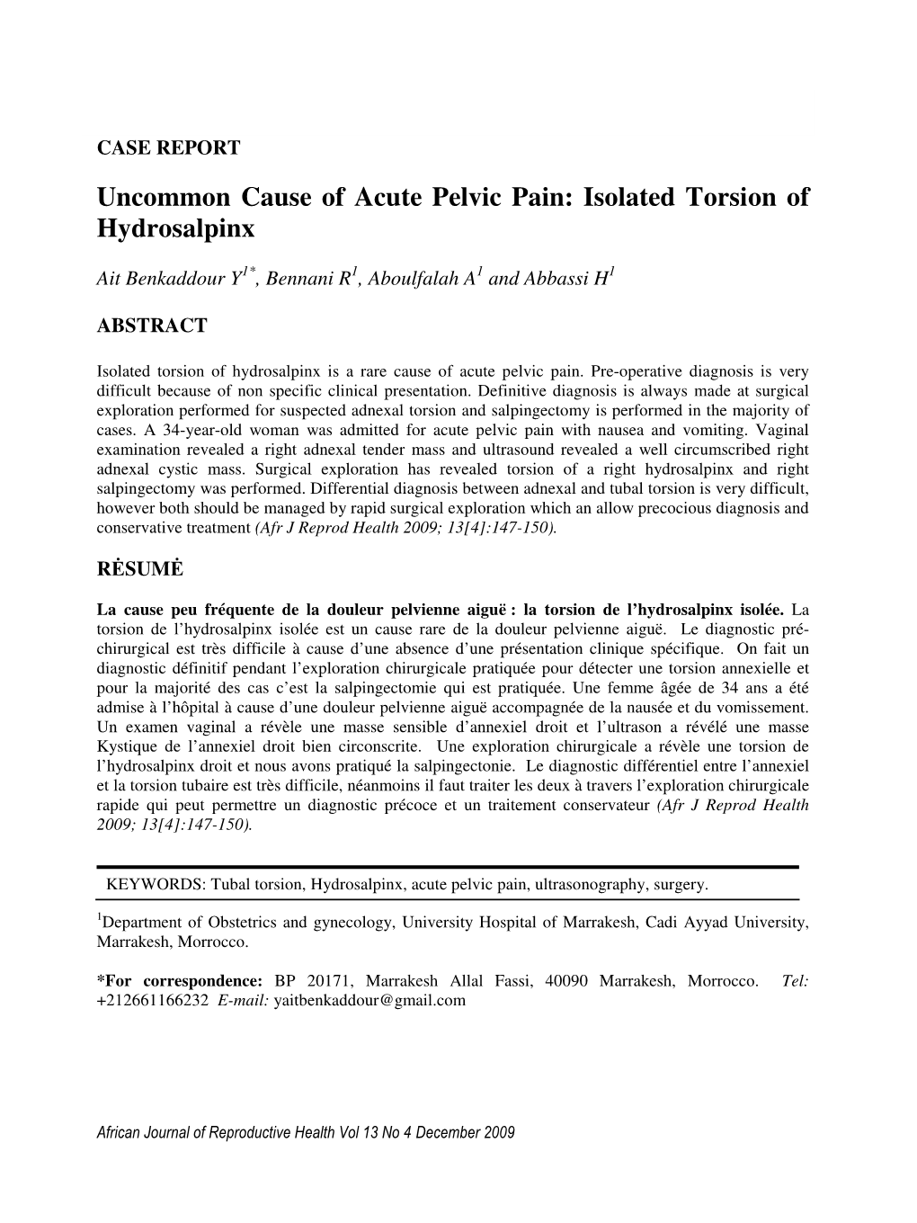 Uncommon Cause of Acute Pelvic Pain: Isolated Torsion of Hydrosalpinx