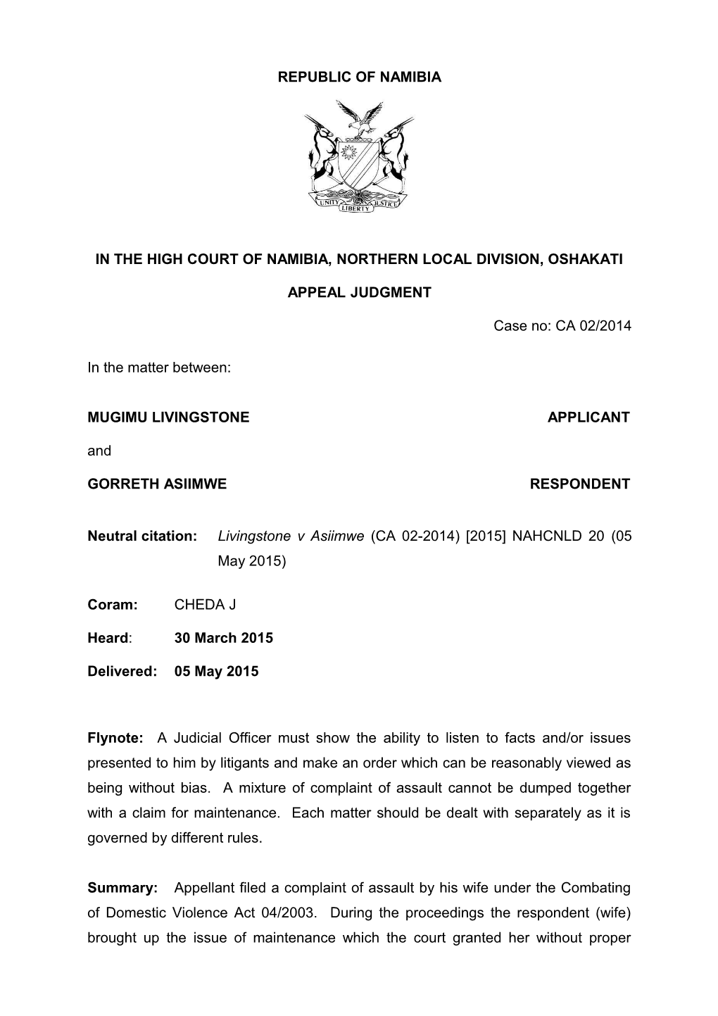 Livingstone V Asiimwe (CA 02-2014) 2015 NAHCNLD 20 (05 May 2015)