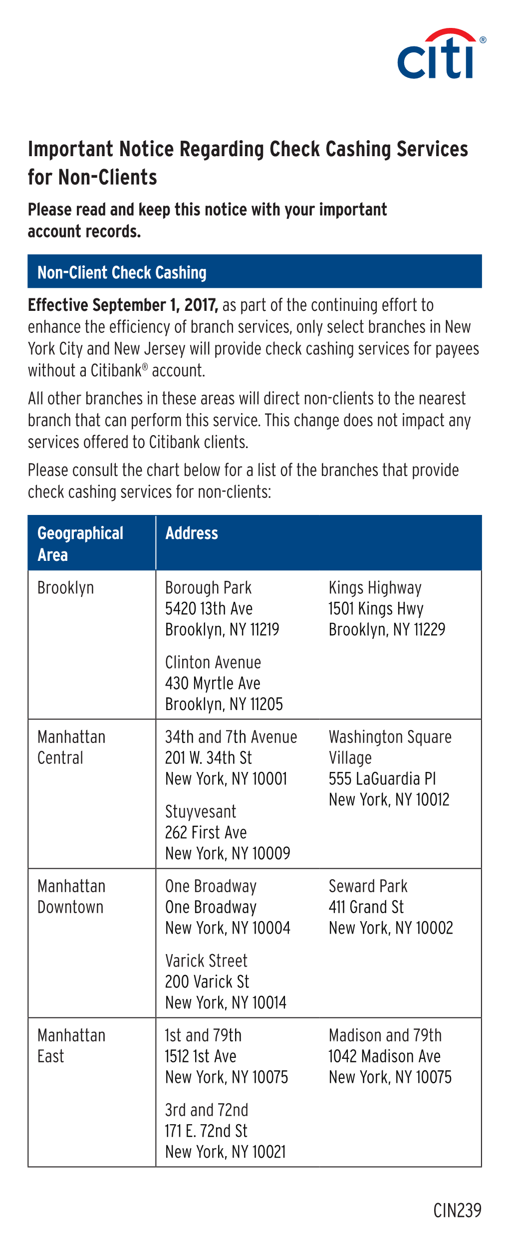 Important Notice Regarding Check Cashing Services for Non-Clients Please Read and Keep This Notice with Your Important Account Records