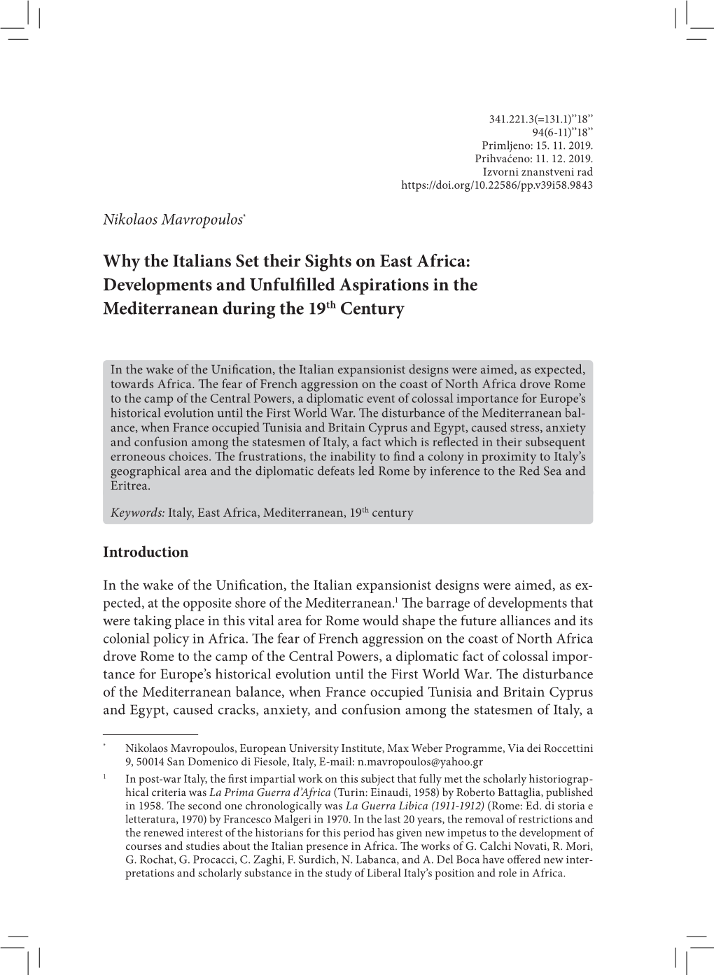 Why the Italians Set Their Sights on East Africa: Developments and Unfulfilled Aspirations in the Mediterranean During the 19Th Century
