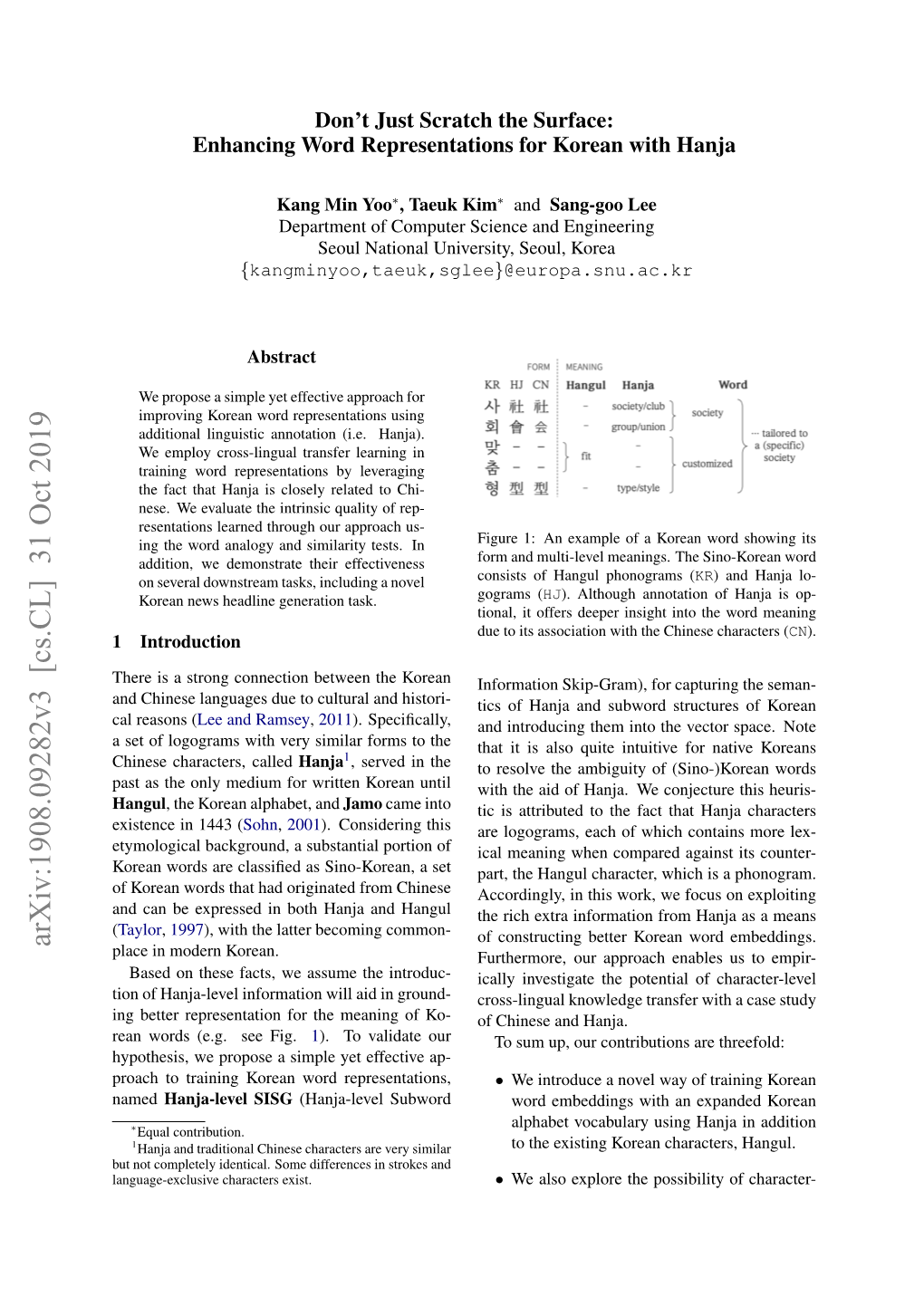 Arxiv:1908.09282V3 [Cs.CL] 31 Oct 2019 Place in Modern Korean