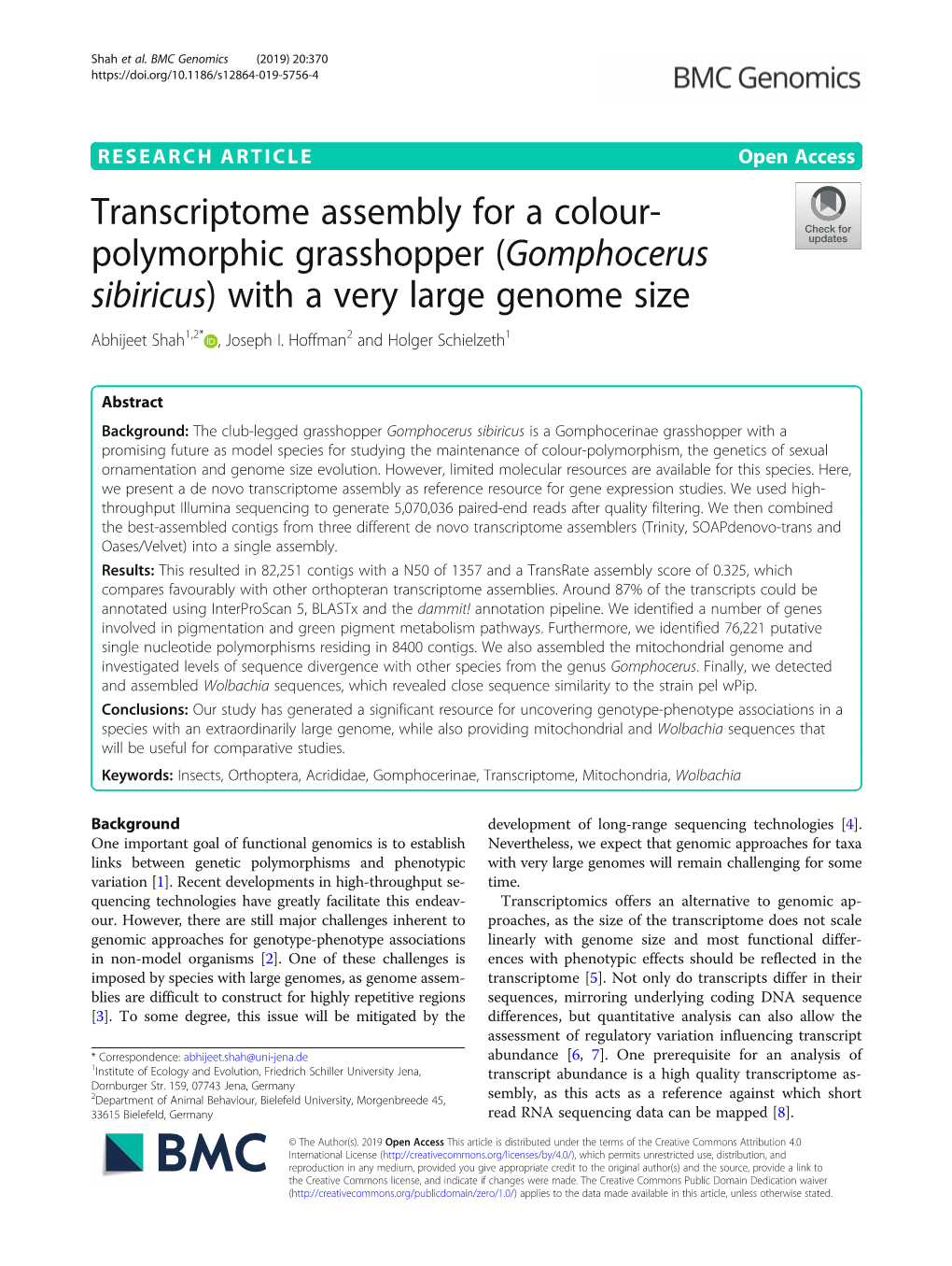 Transcriptome Assembly for a Colour-Polymorphic Grasshopper