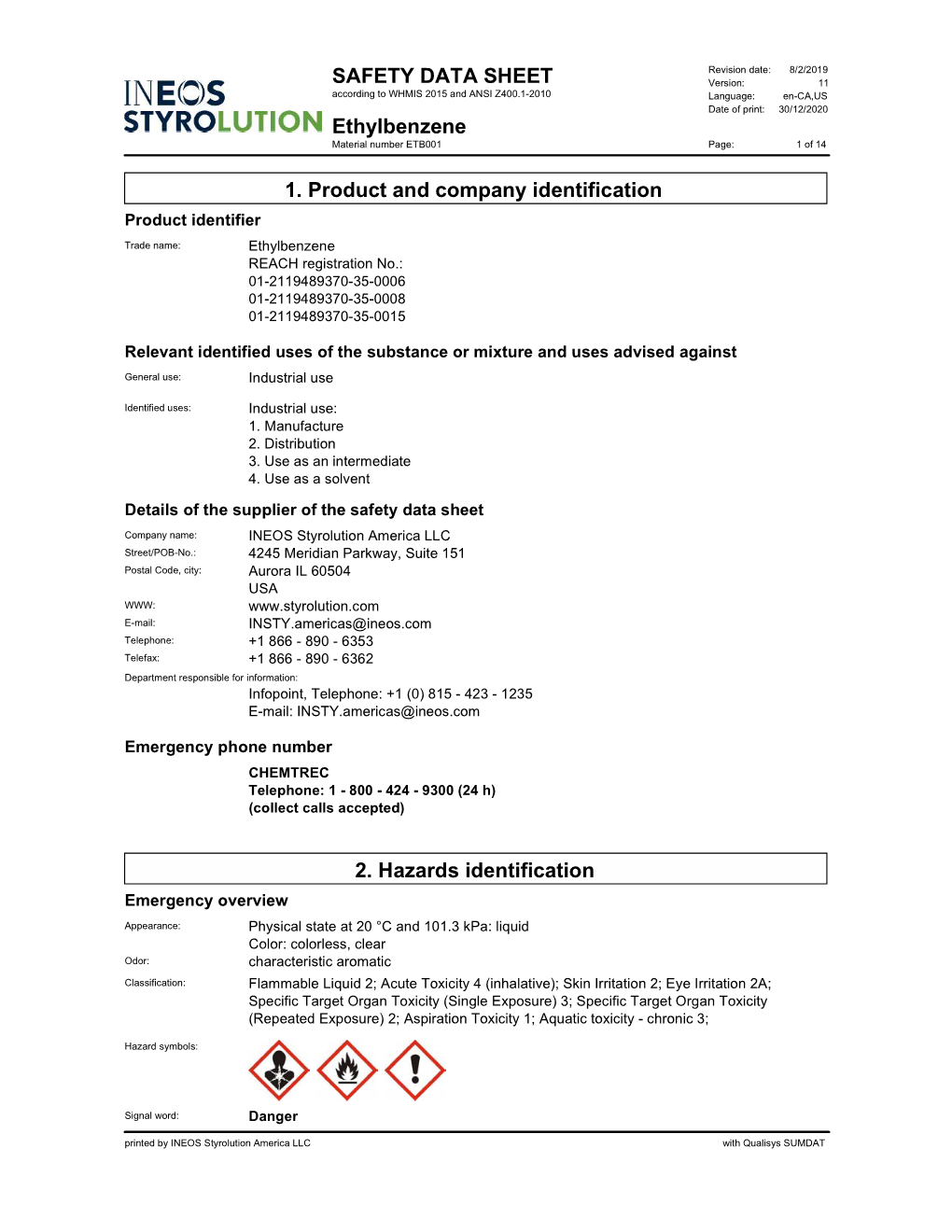 Sds Ethylbenzene Ineos Styrolution America