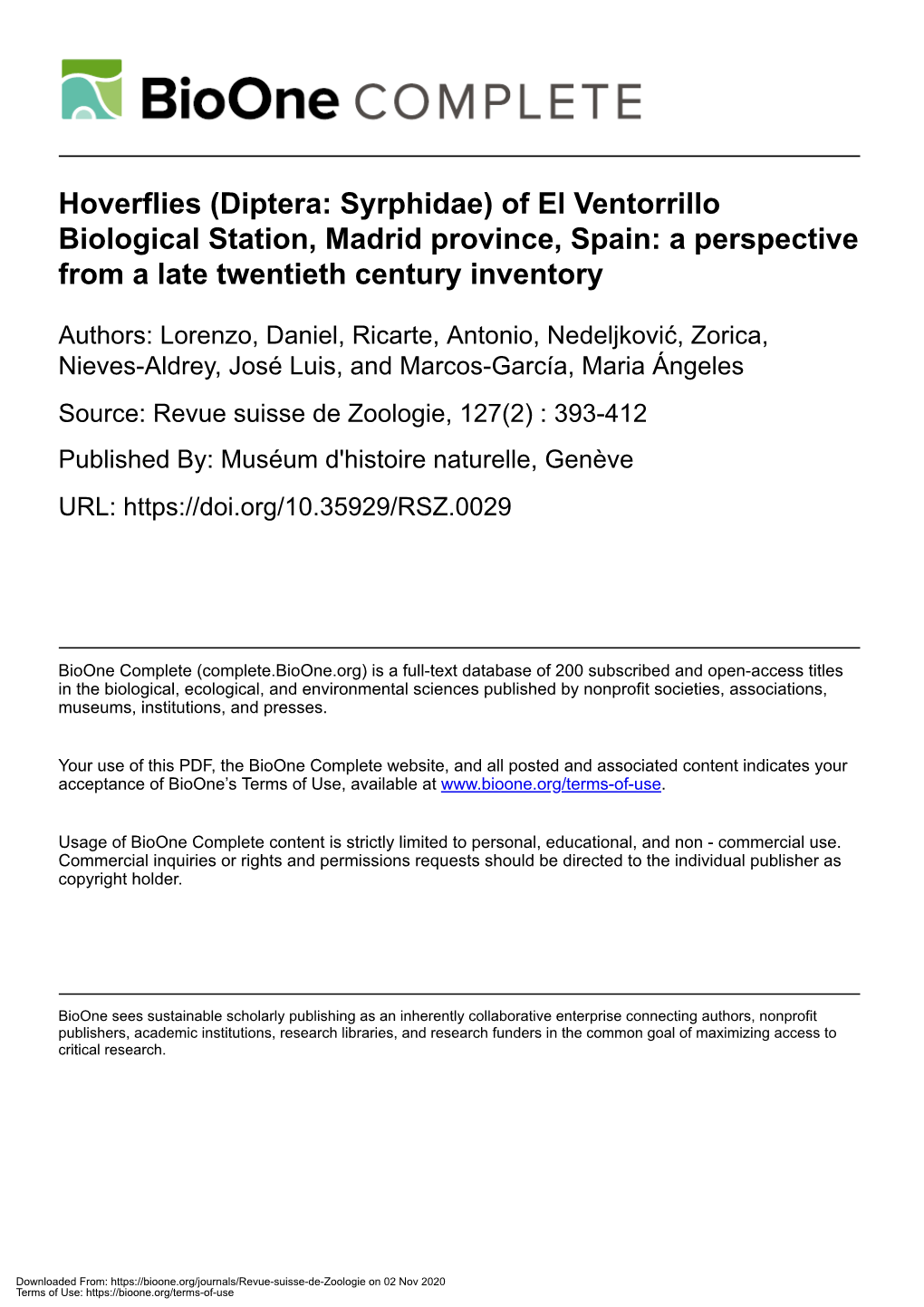 Hoverflies (Diptera: Syrphidae) of El Ventorrillo Biological Station, Madrid Province, Spain: a Perspective from a Late Twentieth Century Inventory