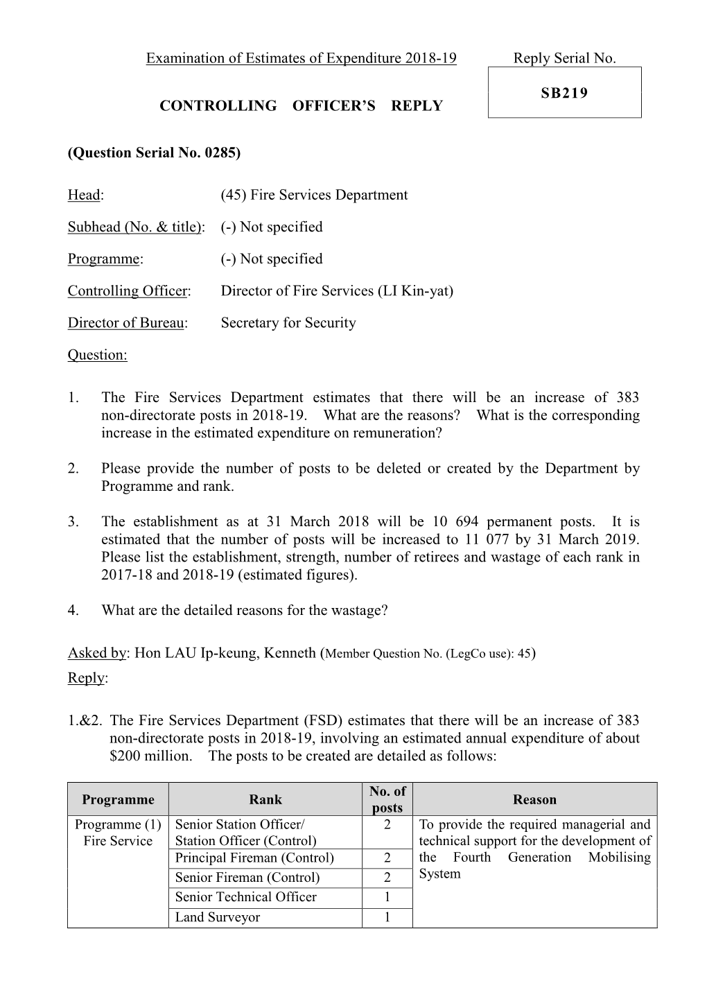 Examination of Estimates of Expenditure 2018-19 Reply Serial No