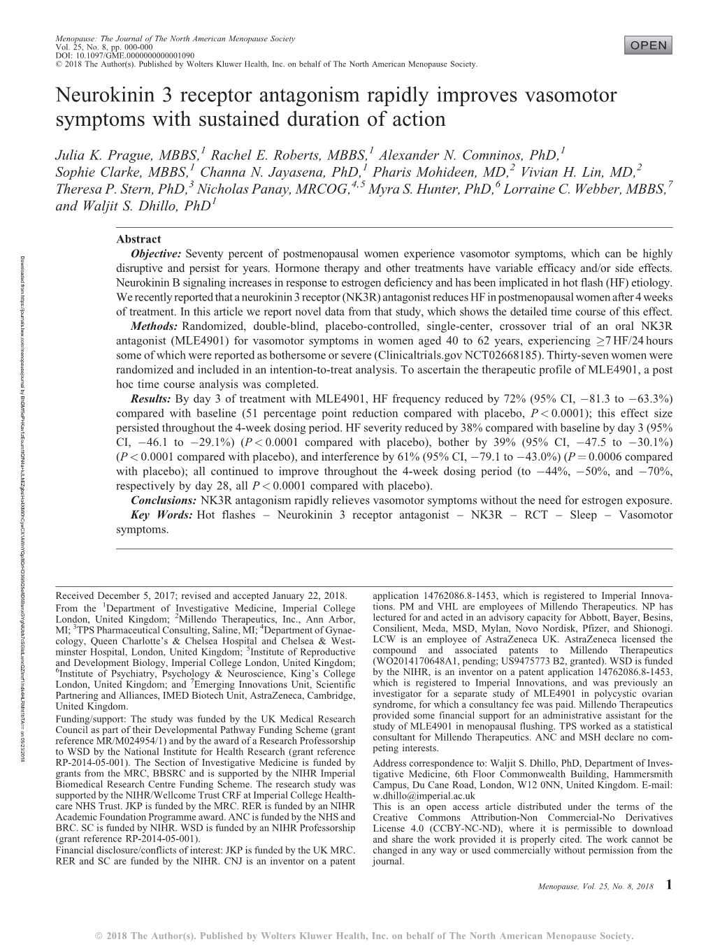 Neurokinin 3 Receptor Antagonism Rapidly Improves Vasomotor Symptoms with Sustained Duration of Action