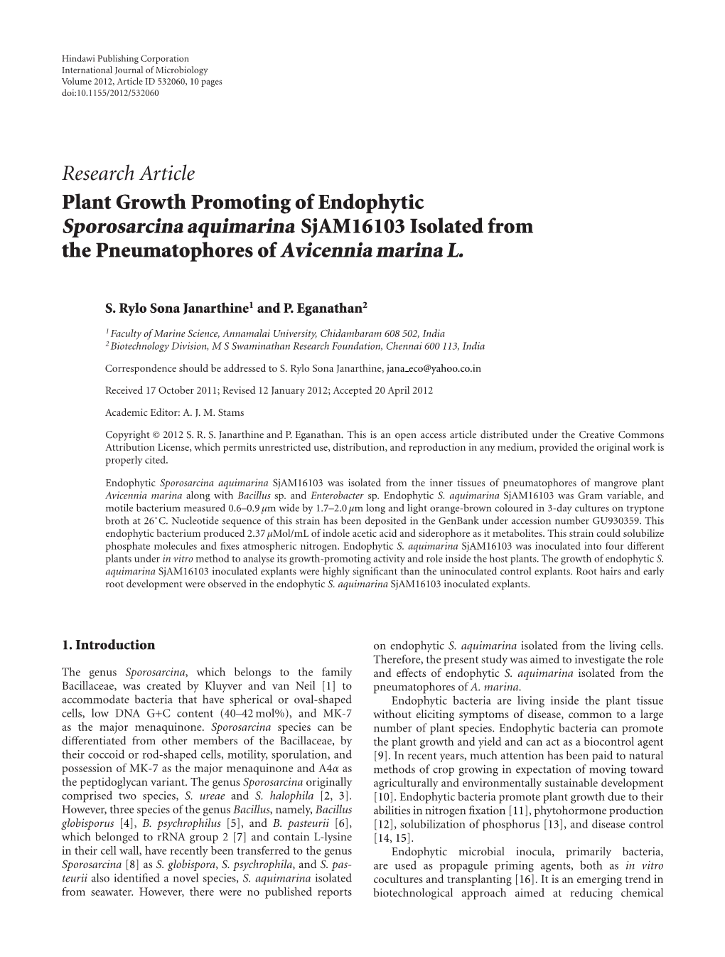 Sporosarcina Aquimarina Sjam16103 Isolated from the Pneumatophores of Avicennia Marina L