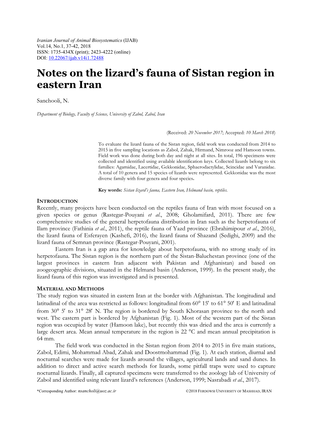 Notes on the Lizard's Fauna of Sistan Region in Eastern Iran