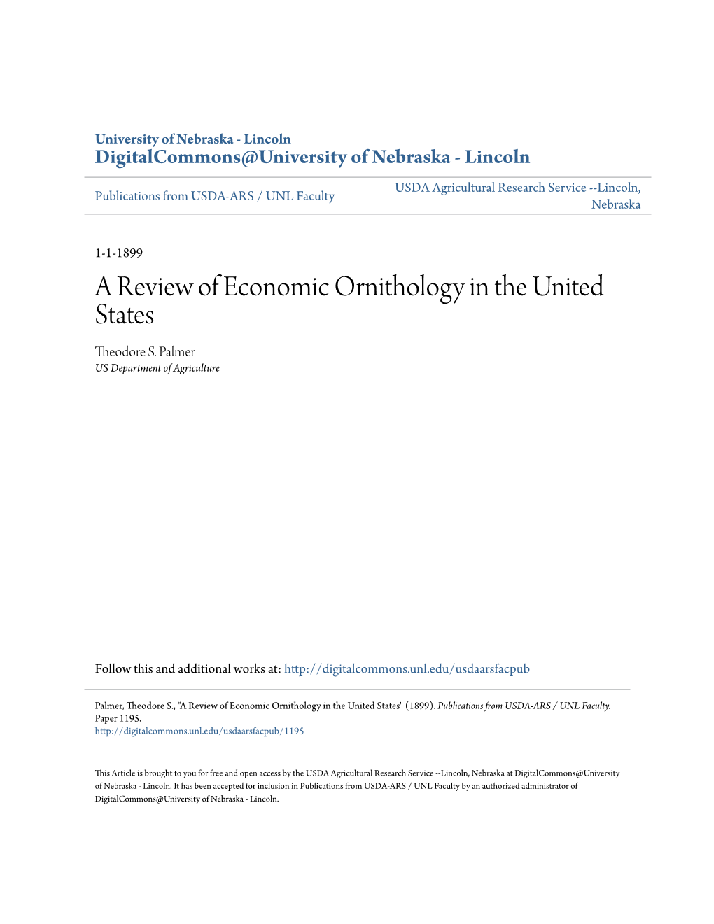 A Review of Economic Ornithology in the United States Theodore S