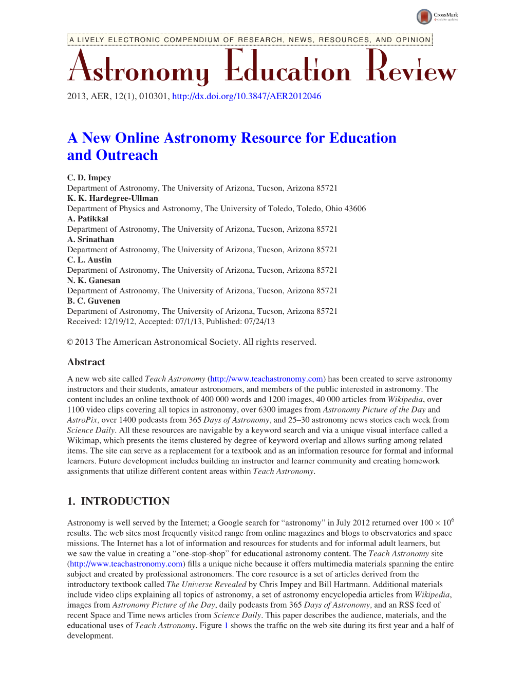 Astronomy Education Review 2013, AER, 12(1), 010301