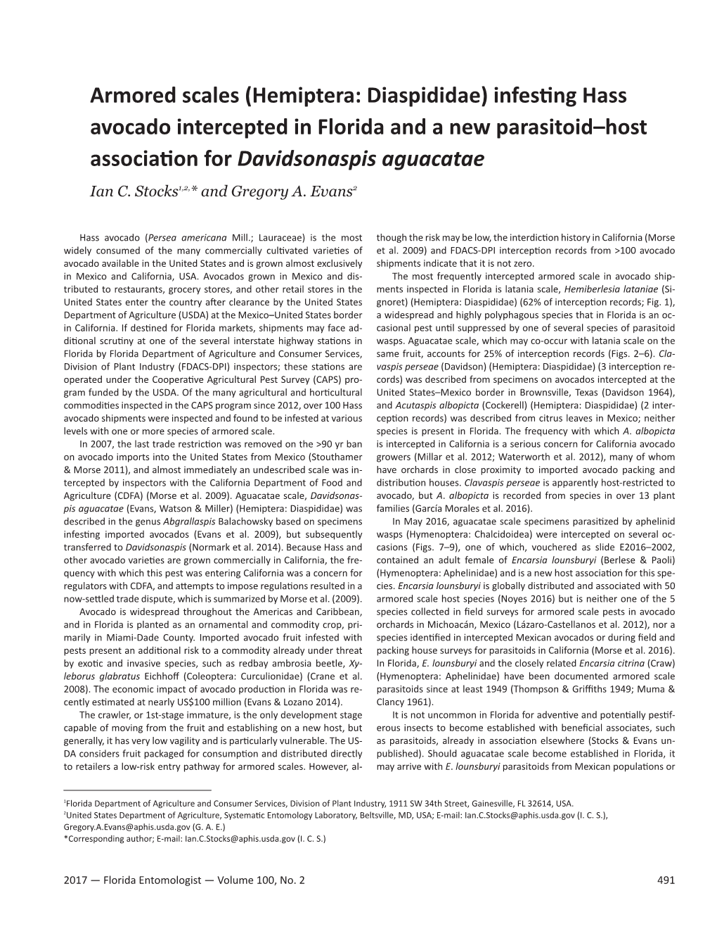 Armored Scales (Hemiptera: Diaspididae) Infesting Hass Avocado Intercepted in Florida and a New Parasitoid–Host Association for Davidsonaspis Aguacatae