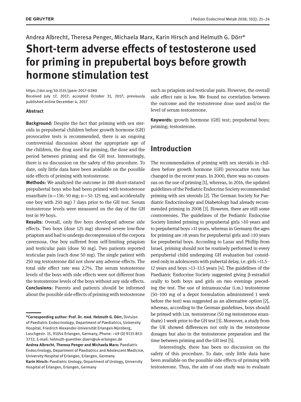 Short-Term Adverse Effects of Testosterone Used for Priming In