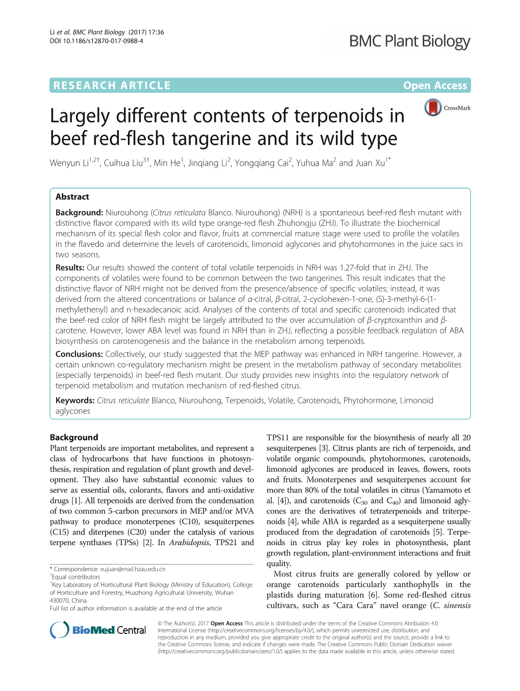 Largely Different Contents of Terpenoids in Beef Red-Flesh Tangerine and Its Wild Type