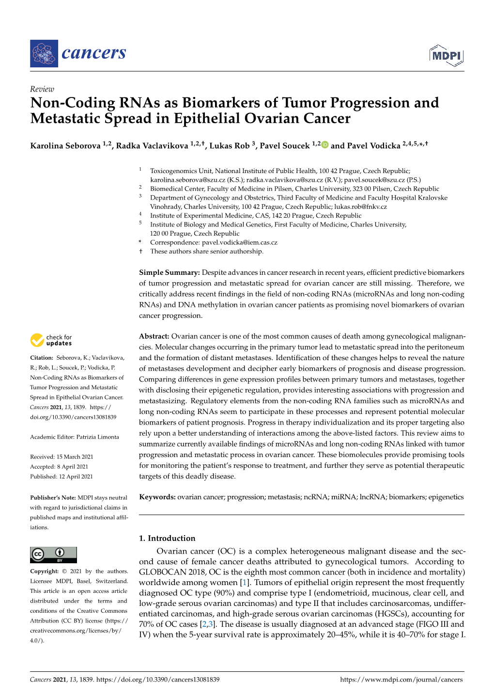 Non-Coding Rnas As Biomarkers of Tumor Progression and Metastatic Spread in Epithelial Ovarian Cancer