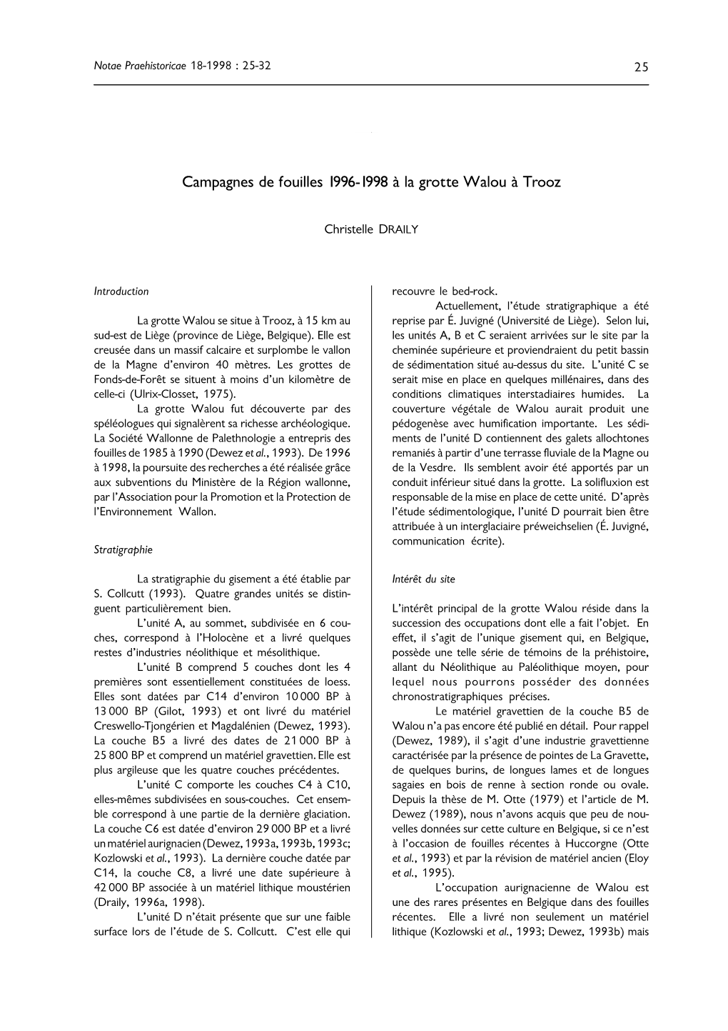 Campagnes De Fouilles 1996-1998 À La Grotte Walou À Trooz