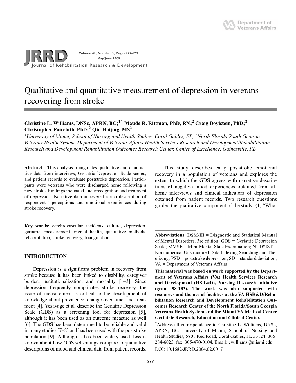 Qualitative and Quantitative Measurement of Depression in Veterans Recovering from Stroke