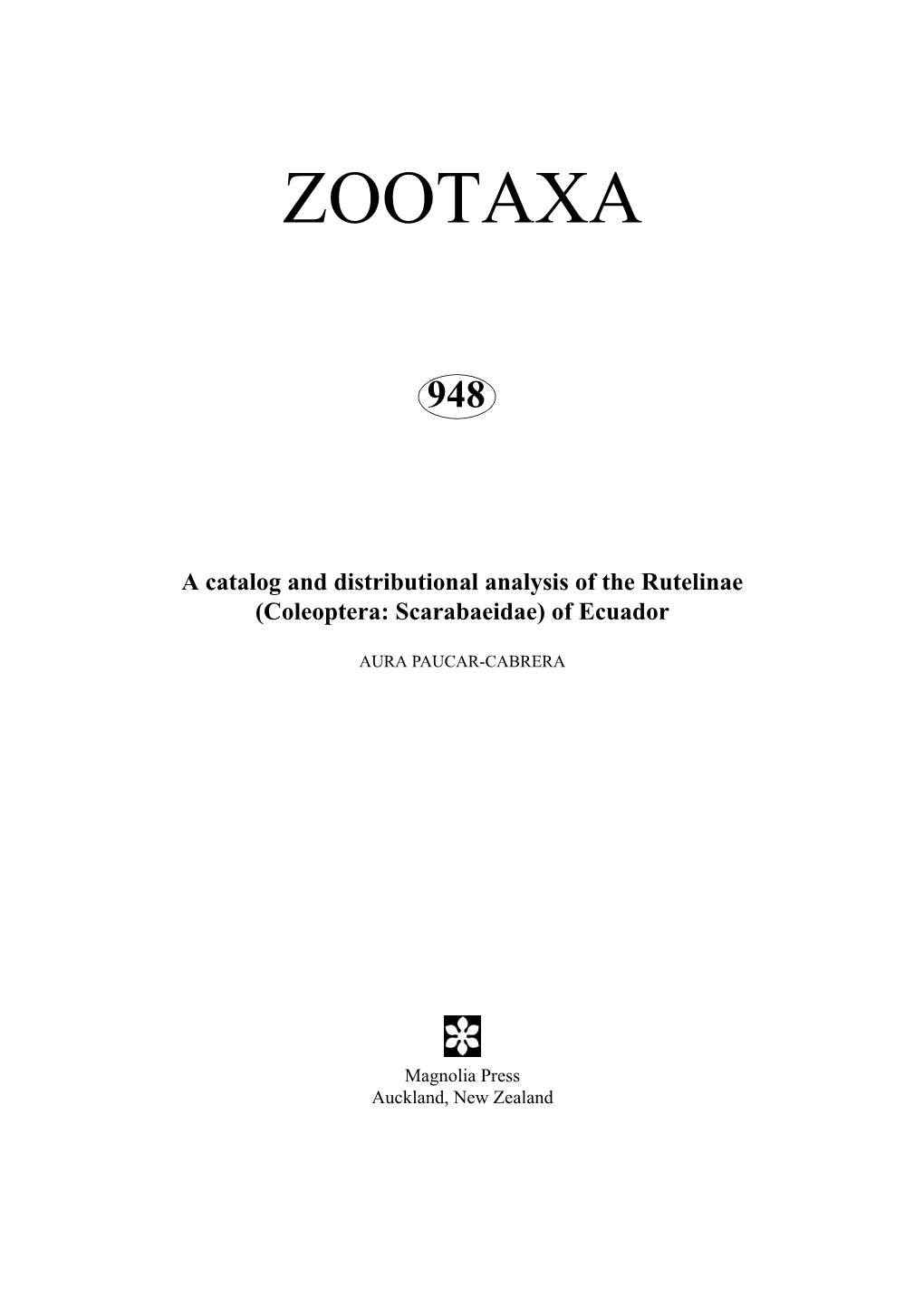 Zootaxa, Coleoptera, Scarabaeidae, Rutelinae, Ecuador, Catalog