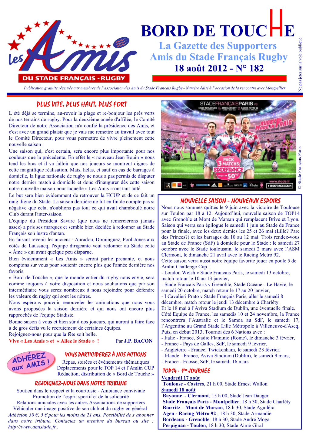 BORD DE TOUC E La Gazette Des Supporters Amis Du Stade Français Rugby 18 Août 2012 - N° 182