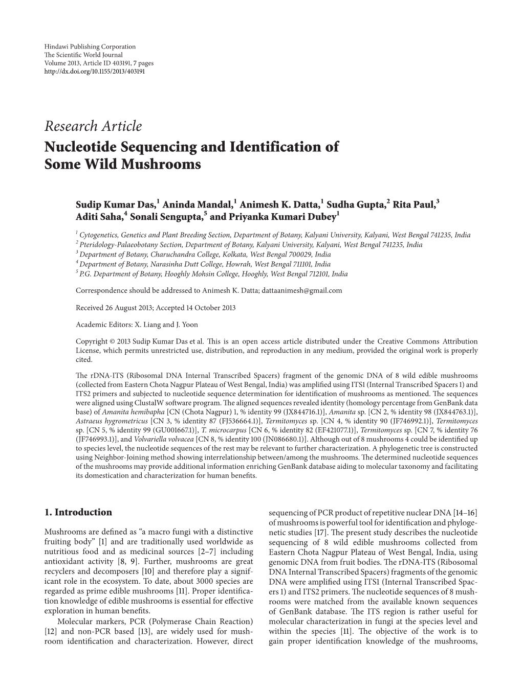 Nucleotide Sequencing and Identification of Some Wild Mushrooms