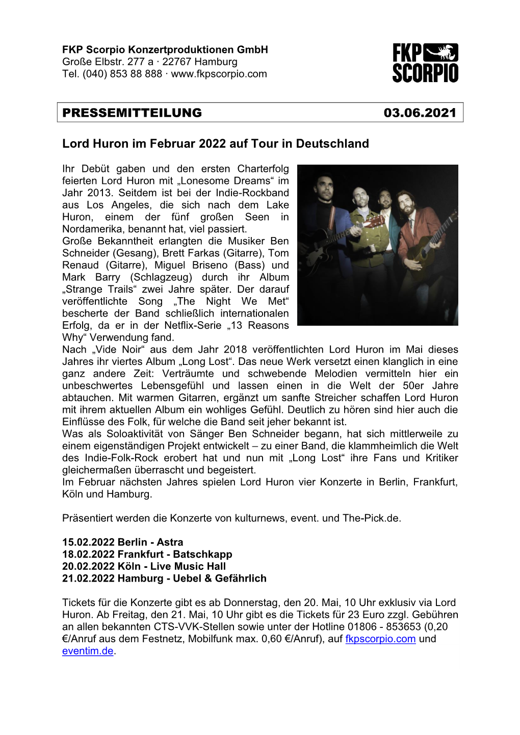 PRESSEMITTEILUNG 03.06.2021 Lord Huron Im Februar 2022 Auf